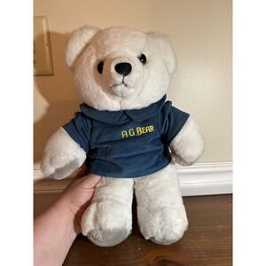 Vintage 1980s Axlon AG Bear White Talking Plush Teddy Bear Blue Corduroy Shirt